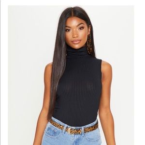 Black Sleeveless Rib Roll Neck Bodysuit